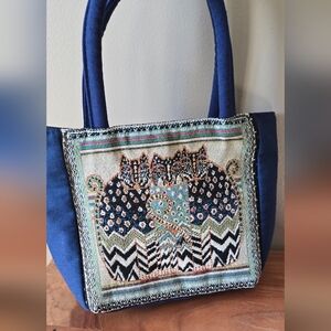 Blue Embroidered Cat Tote Bag - Stylish Women’s Handbag